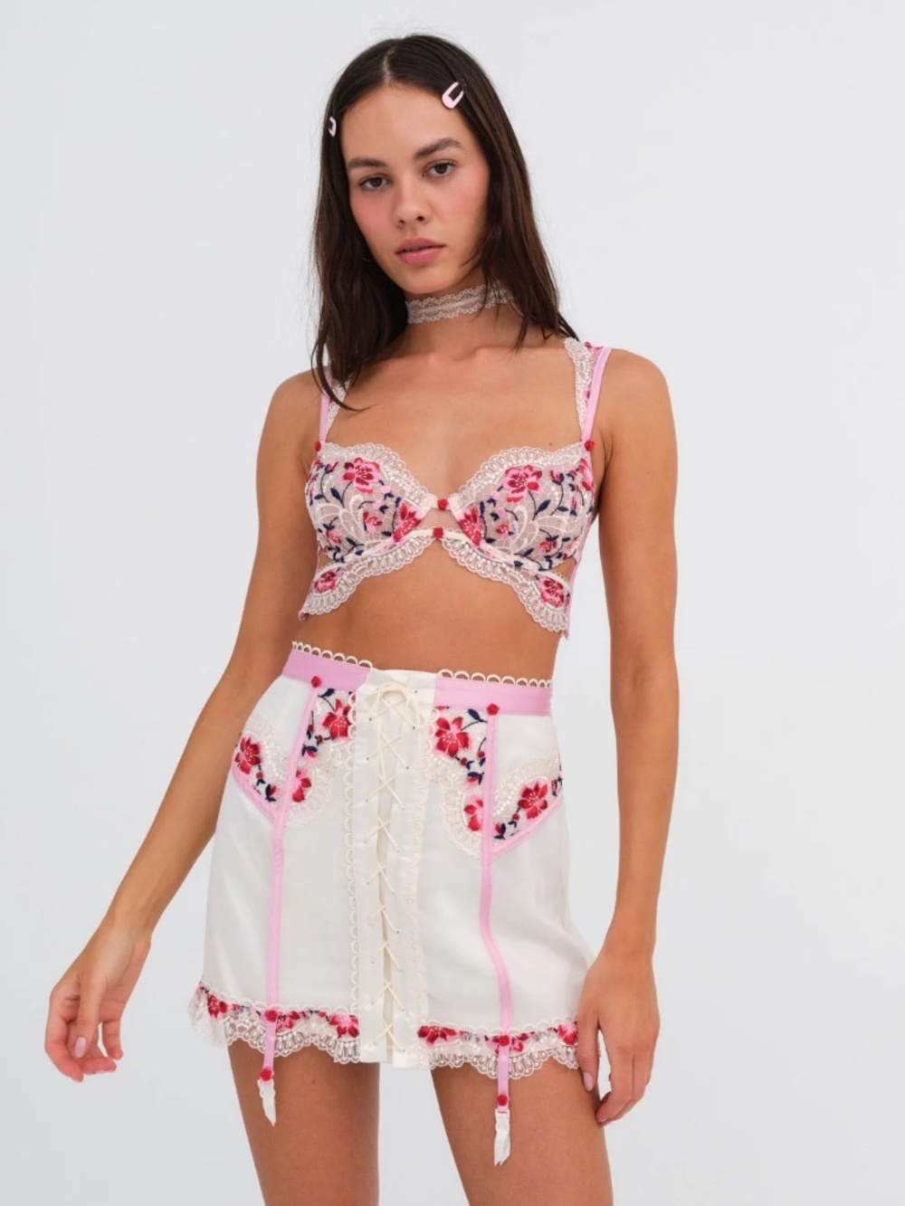 For Love and Lemons Festival Rose Skirt In Ivory With Red and Pink Flowers